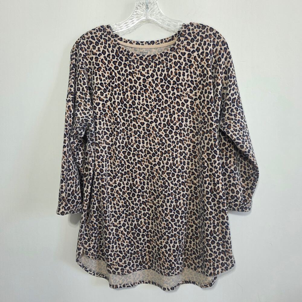 Crown & Ivy Womens Leopard Animal Print LS Tunic Top Classic Preppy Size Med